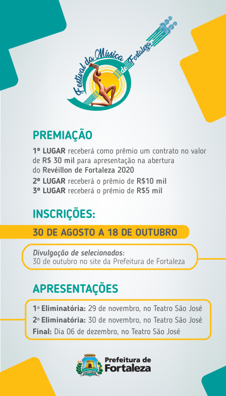 Banner de divulgação dos prêmios e das datas para inscrição no Festival da Música de Fortaleza