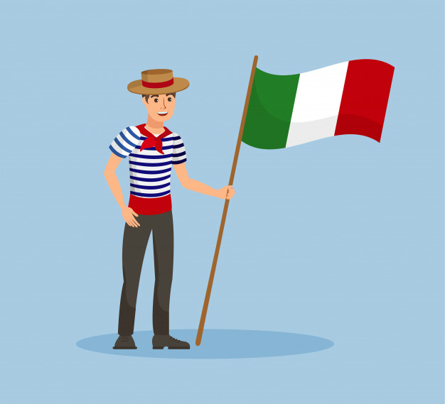 Desenho de um homem com características italianas segurando a bandeira da Itália.