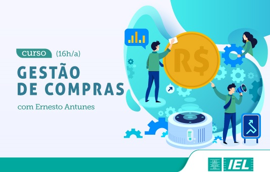 Banner com informações do curso de gestão de compras. Há algumas figuras utilizando ferramentas de gestão. 