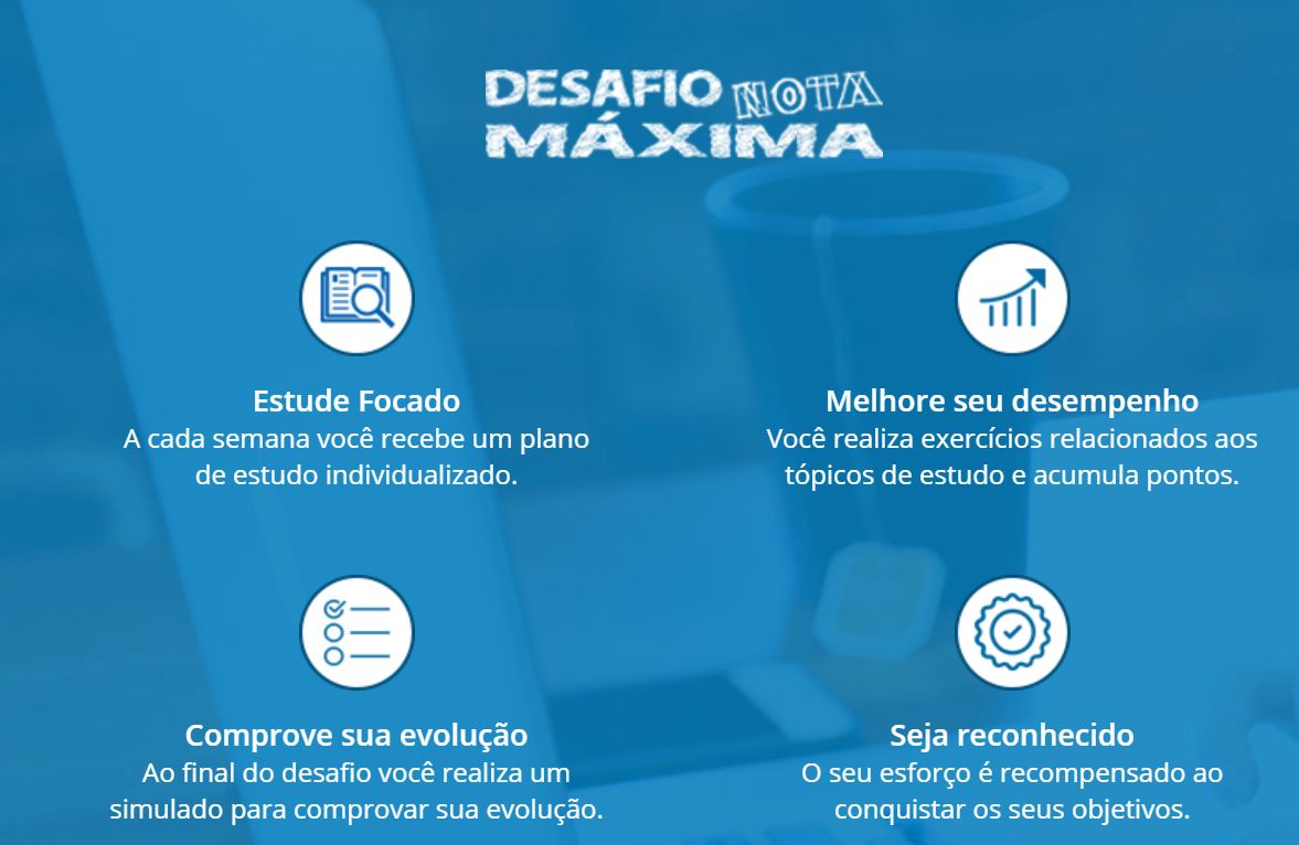 Banner da plataforma Desafio Nota Máxima, com recursos escritos na imagem