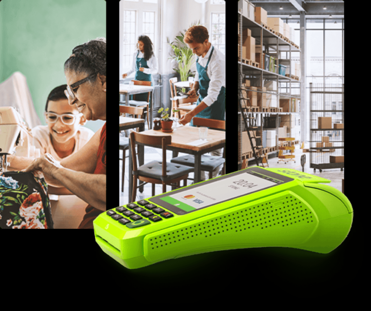 Pessoas em seus negócios utilizando máquina de pagamentos da Stone