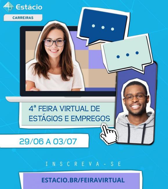 Banner da 4ª Feira Virtual da Estácio, com imagens de alunos